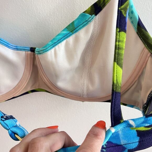 90s Vtg Floral Bikini Swimwear Matching Boho Blue Green 36C Medium Women’s Top - Picture 6 of 13